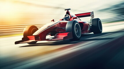 A racing car zooms at high speed on a track, capturing the adrenaline and thrill of motorsport with motion blur emphasizing its rapid pace.