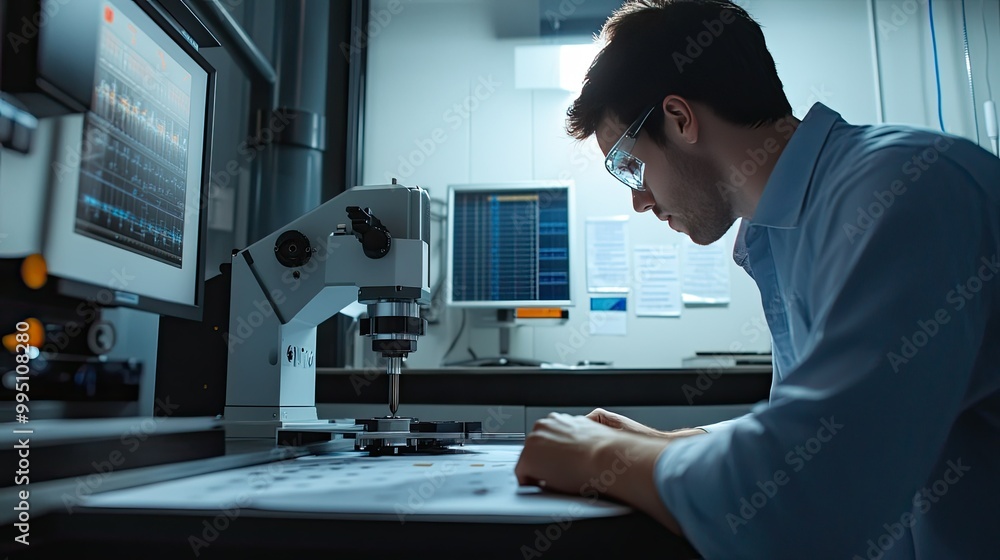 Poster scientist analyzing samples under microscope in lab