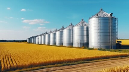A row of towering silos standing in a golden wheat field, representing the storage of abundant agricultural produce under a clear blue sky.