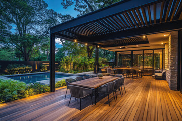 Fototapeta premium A modern wooden terrace with black roof and wood slats, a swimming pool in the background at night illuminated by lights