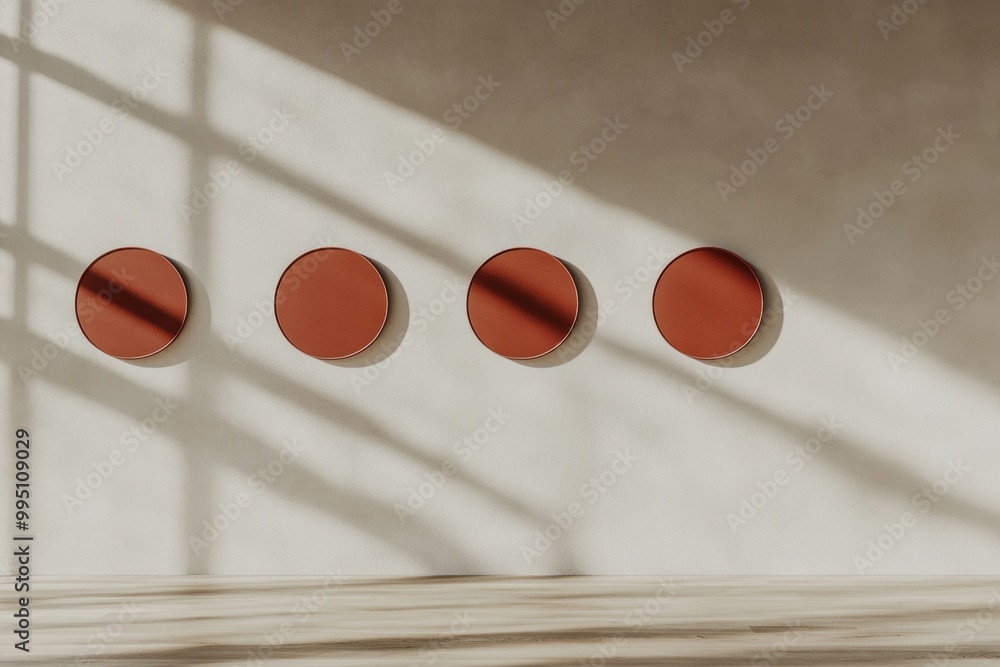 Poster minimalist gallery interior with red circular frames and warm ambient lighting