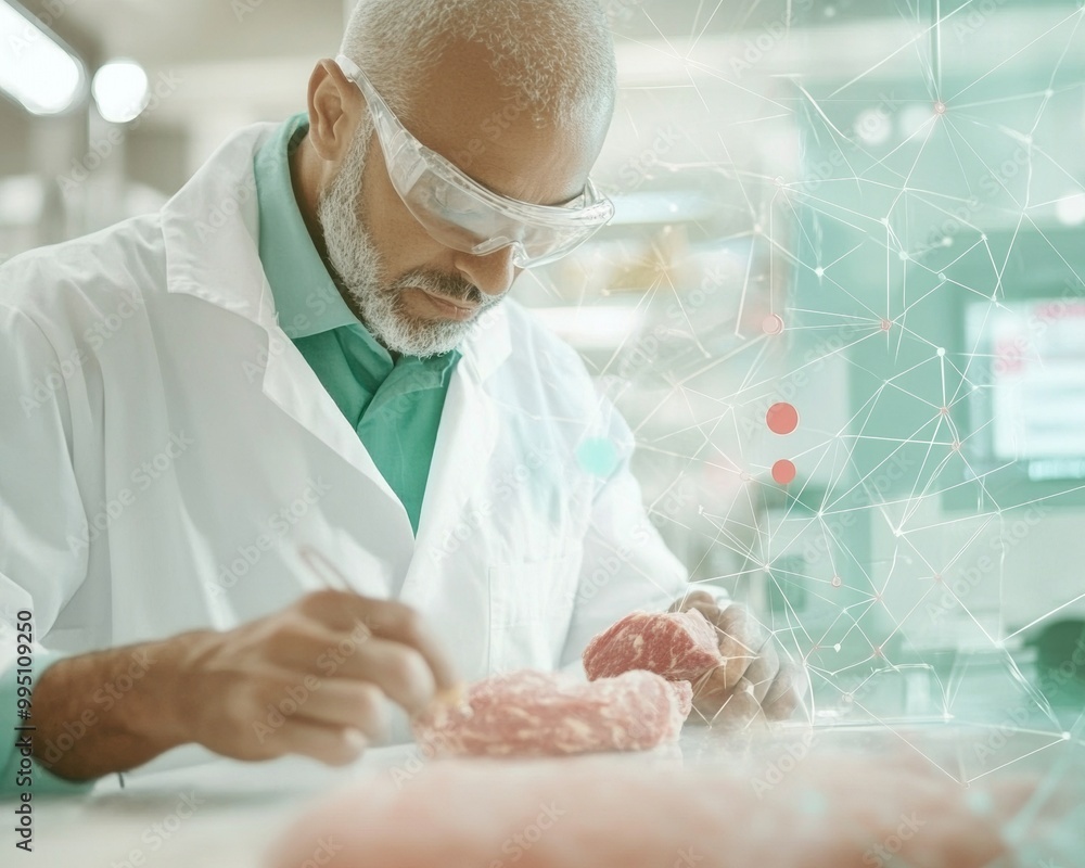 Poster lab technician creating plant-based meat with advanced technology in high-tech laboratory