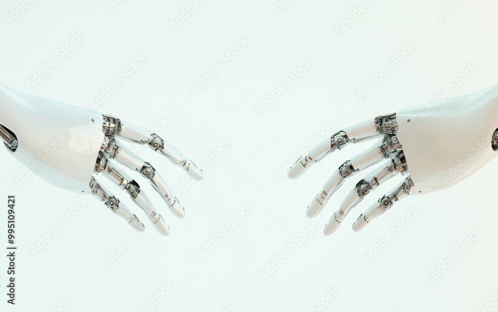 Poster symmetrical abstract sci-fi robotic arms in pastel and cream tones with smooth movements