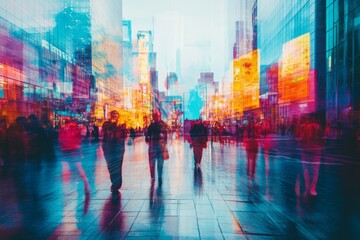 Obraz premium A blurry photo of a busy city street with people walking and cars driving