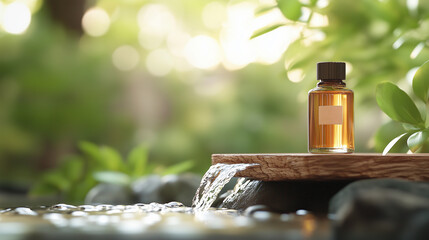 A small amber bottle filled with a golden liquid sits on a wooden platform near a cascading waterfall, surrounded by lush greenery.