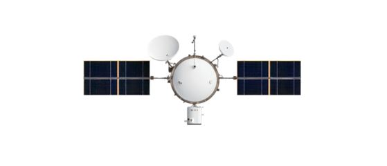 High-resolution image of a modern satellite showcasing solar panels and communication dishes, ideal for technology and space themes.