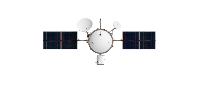 High-resolution image of a modern satellite showcasing solar panels and communication dishes, ideal for technology and space themes.