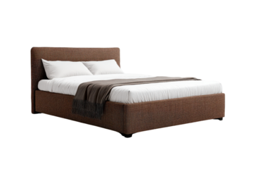 Modern and sleek brown upholstered bed with white linens, perfect for contemporary bedroom interiors and cozy sleep environments.