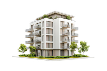 Modern apartment building with balconies, surrounded by greenery, ideal for real estate, architecture, and urban lifestyle themes.