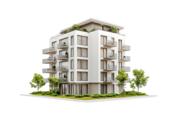 Modern apartment building with balconies, surrounded by greenery, ideal for real estate, architecture, and urban lifestyle themes.