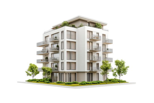 Modern apartment building with balconies, surrounded by greenery, ideal for real estate, architecture, and urban lifestyle themes.