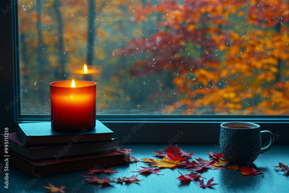 Poster a candle is lit in front of a window with a view of trees and leaves