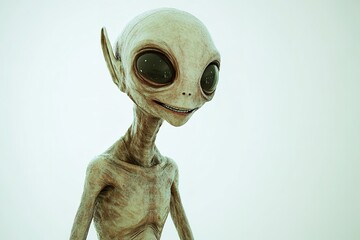 A smiling alien stands alone against a white background. Generative Ai