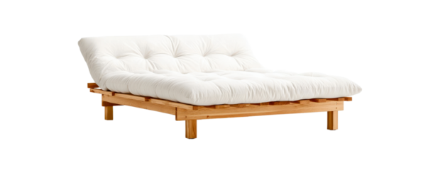 Stylish and modern futon sofa with a comfortable cushion and wooden frame, perfect for any living space or guest room.