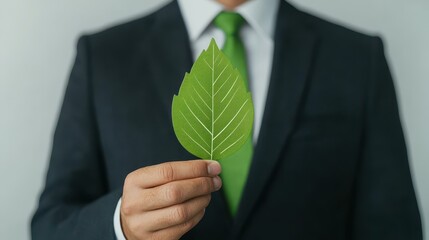 A businessman in a green leaf tie embodies ecofriendly values, showcasing sustainable practices in todays corporate landscape.