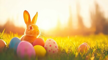 A delightful bunny surrounded by vibrant eggs in a blooming meadow, welcoming the joy of spring with bright colors.