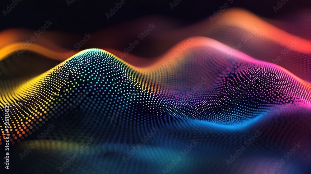 Poster a colorful, abstract image of a wave with dots of different colors