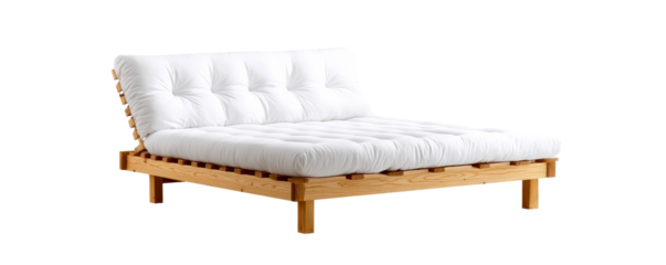 Stylish futon bed with a wooden frame and a soft white mattress, perfect for modern living spaces and guest rooms.