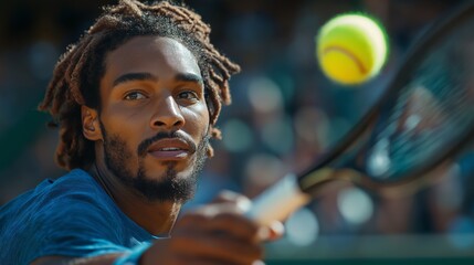 Close-Up of a Male African American Tennis Player Concentrating on the Incoming Tennis Ball, Capturing the Intensity of the Game in Mid-Action