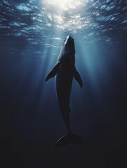 A whale is swimming in the ocean with the sun shining on it