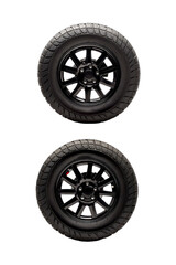 Two black tires with stylish rims, perfect for automotive projects, advertising, or vehicle-related designs.