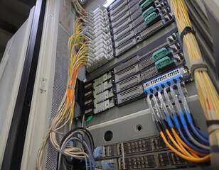 rack server with miniature technician repairing cables,