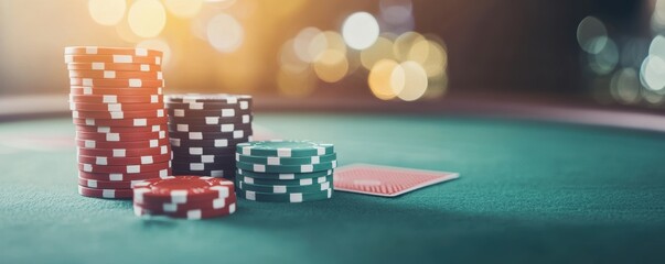 Fototapeta premium A vibrant casino scene featuring stacked colorful poker chips and a playing card on a green felt table surface.