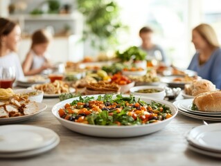 A vibrant display of a home-cooked meal with fresh salads, colorful dishes, and family enjoying time together.