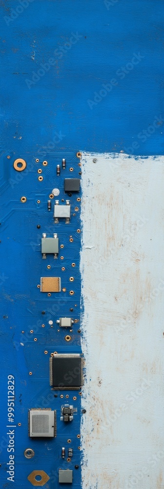 Poster Close-Up of Blue Circuit Board with Electronic Components on Textured Background
