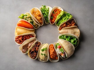 A vibrant display of various tacos arranged in a circular pattern, showcasing an array of fresh ingredients and colors.