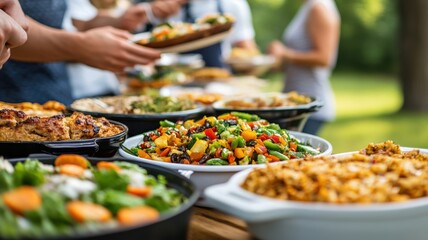 A vibrant outdoor feast with a variety of dishes, showcasing fresh vegetables, salads, and delightful side dishes.