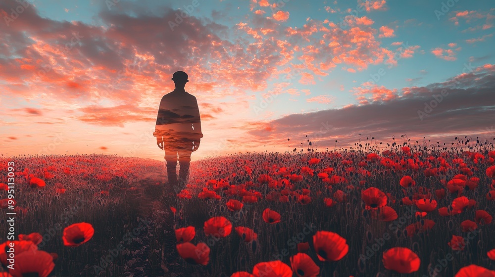 Canvas Prints A soldier's silhouette merging with a poppy field