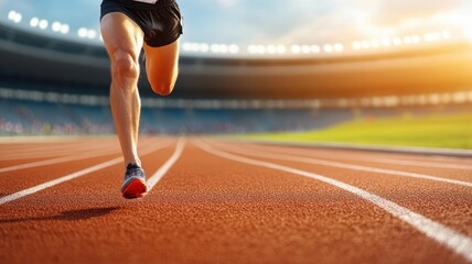 Runner sprinting on a track, stadium lights just turning on, capturing the competitive spirit and discipline