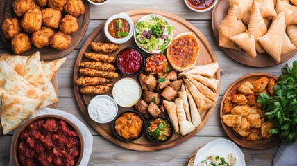A vibrant spread of assorted appetizers, featuring samosas, salads, dips, and savory treats, ideal for gatherings and celebrations.