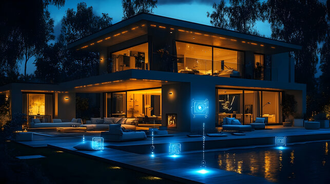 Smart Home Security System with Modern House and Pool