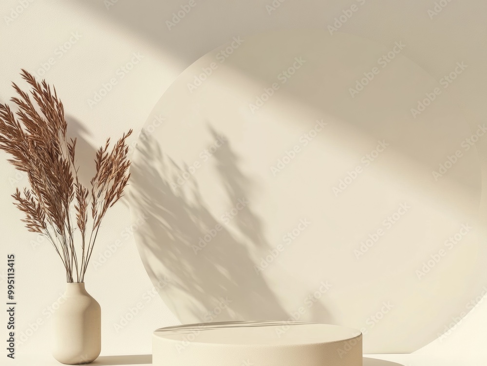 Poster minimalist beige podium mockup with soft sunlight and natural shadows in monochromatic setting