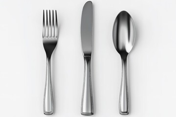 Three pieces of silver-gray kitchen silverware on a white backdrop. Generative Ai
