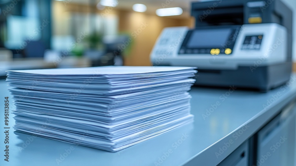Poster stack of papers next to a printer in an office setting.
