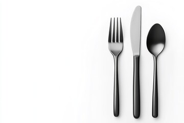 Three pieces of silver-gray kitchen silverware on a white backdrop. Generative Ai