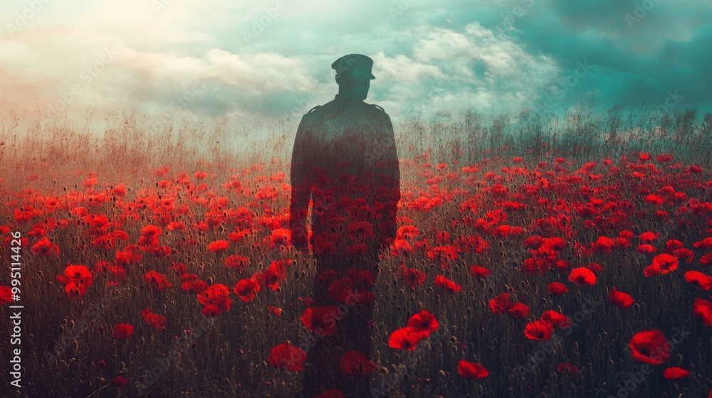Poster a soldier shadow merging with a field of red poppies