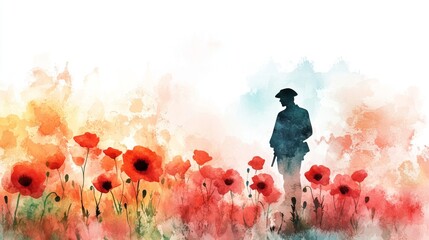 Creative watercolor illustration of a field of blooming poppies