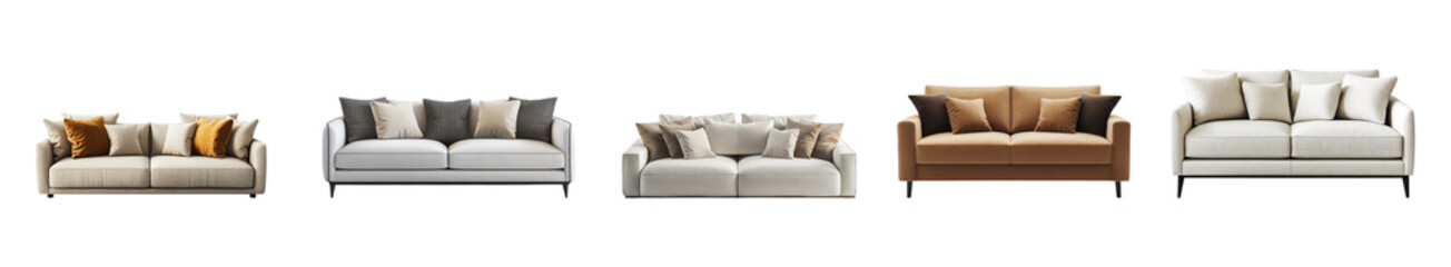 Collection of modern comfortable sofa isolated on white background