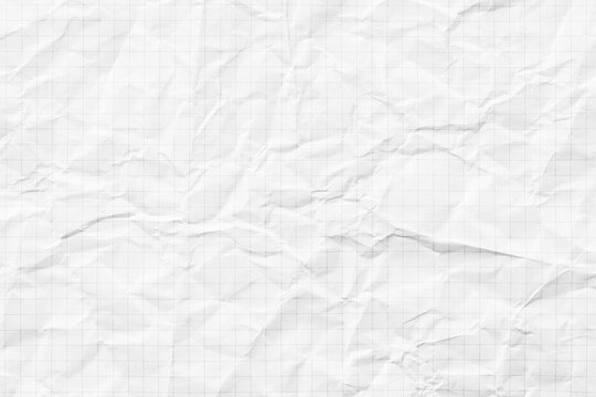 crumpled checkered notebook for writing, white paper texture background