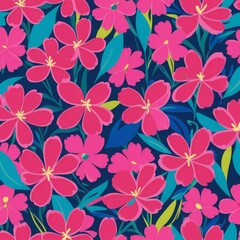 Hotpink Flower Floral Leaf Seamless Pattern on Navy Blue Background Wallpaper Backdrop