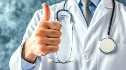 Doctor giving thumbs up sign wearing lab coat and stethoscope