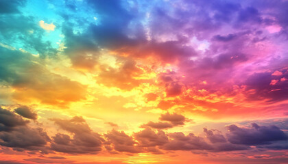 Obraz premium A dreamy sky transitioning from a golden sunset to a full spectrum of rainbow colors, giving off a vibrant yet calming feel