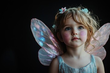 full body shot of a young Caucasian girl dressed as a fairy with glittery wings and soft pink face paint, copy space in the middle, in a black background, Halloween theme, magical and whimsical