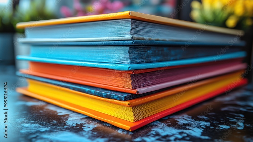 Poster a stack of colorful books resting on a table.
