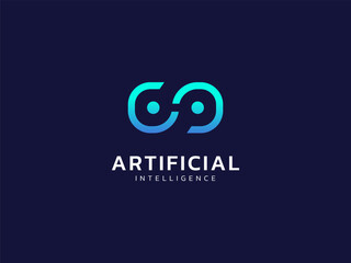 Artificial intelligence with twisted infinity robot eyes technology Analysis logo vector design concept.  AI technology logotype symbol for advance technology, tech company, ui, automation, network.