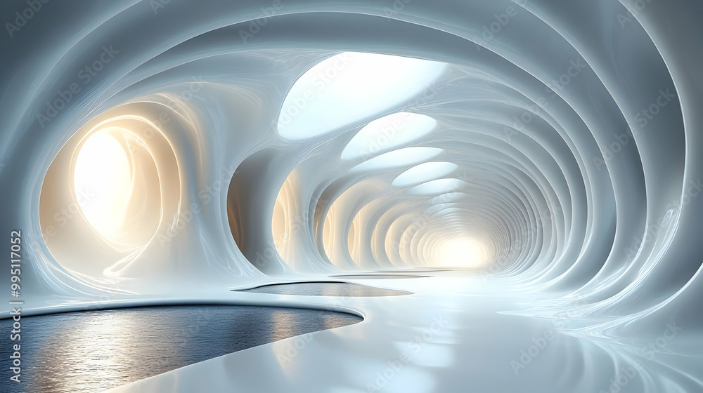 Poster abstract tunnel of light and white shapes in a modern architecture